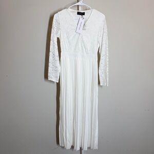 Little Mistress Dress 6 ModCloth White Lace Pleated Midi Down The Aisle NWT